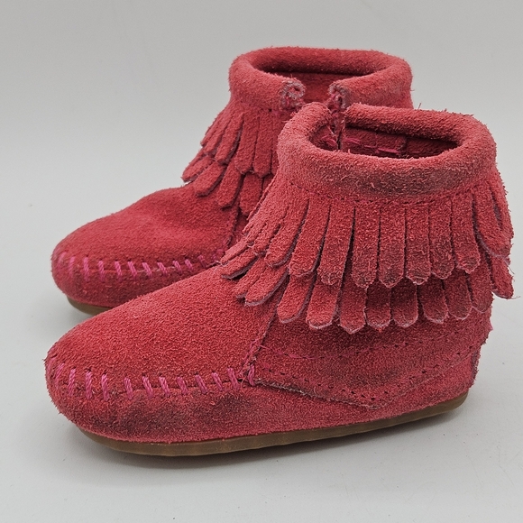 Minnetonka pink suede double Fringe baby booties size 2 - Picture 14 of 16